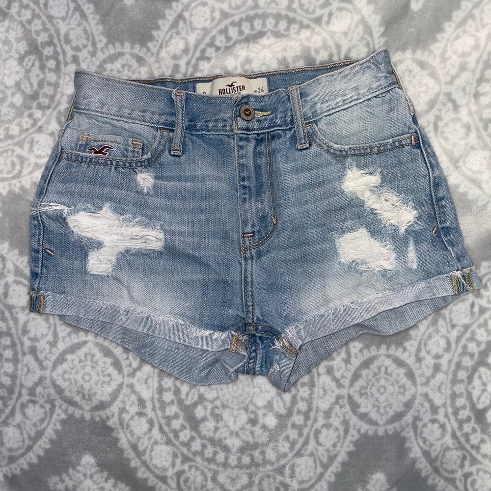 Hollister Women's Ripped Jean Shorts - Light Blue